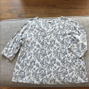 🌿 Pure Jill Gray/Blue Floral V-Neck Top 3/4 Sleeves 100% Organic Cotton Sz XL 🌿